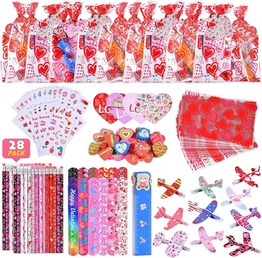 Valentines Day Gifts for Kids, 224 Pcs Valentines Day Party Favors for Kids School Classroom Exchange, 28 Pack Valentines Day Goodie Bags Stuffers with Cards Slap Bracelet Foam Airplane Pencil Eraser