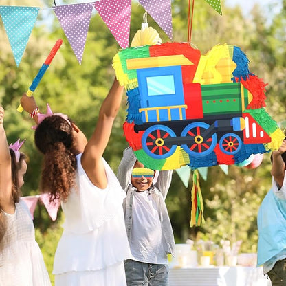 3D Train Pinata with Blindfold Stick Confetti, Railroad Themed Party Supplies, Train Pinata for Boys Birthday Party Supplies,Train Theme Party Decoration for Kids Girls Boys,15.8x11.8x2 Inches