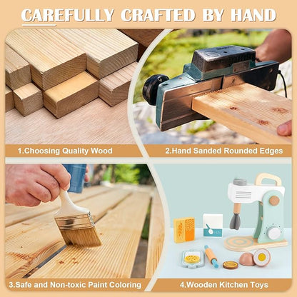 Play Kitchen Accessories, Wooden Toy Mixer, Wooden Kitchen Accessories for Kids, Pretend Play for Toddlers 3-5