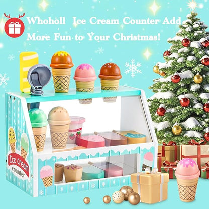 WHOHOLL Wooden Ice Cream Counter Playset for Toddler Girl Toys, Play Store Pretend Toy Food Play Kitchen Accessories with Fake Money & Coin, Christmas Birthday Gifts for 3+ Year Old Kids (Green)