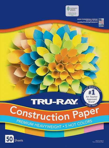 Tru-Ray Heavyweight Construction Paper, Hot Assorted Colors, 9" x 12", 50 Sheets & Construction Paper P103031, 10 Classic Colors, 9" x 12", 50 Sheets