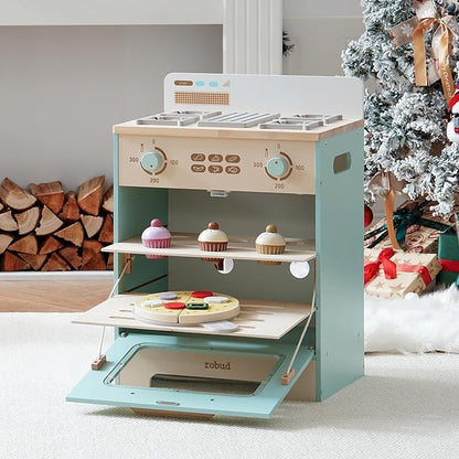 ROBUD Wooden Kids Oven, Realistic Wooden Play Kitchen Set, Pretend Play Kitchen Accessories Toy Kitchen Set for Kids with Cupcakes, Pizza, Tray – Best Gift for Boys & Girls