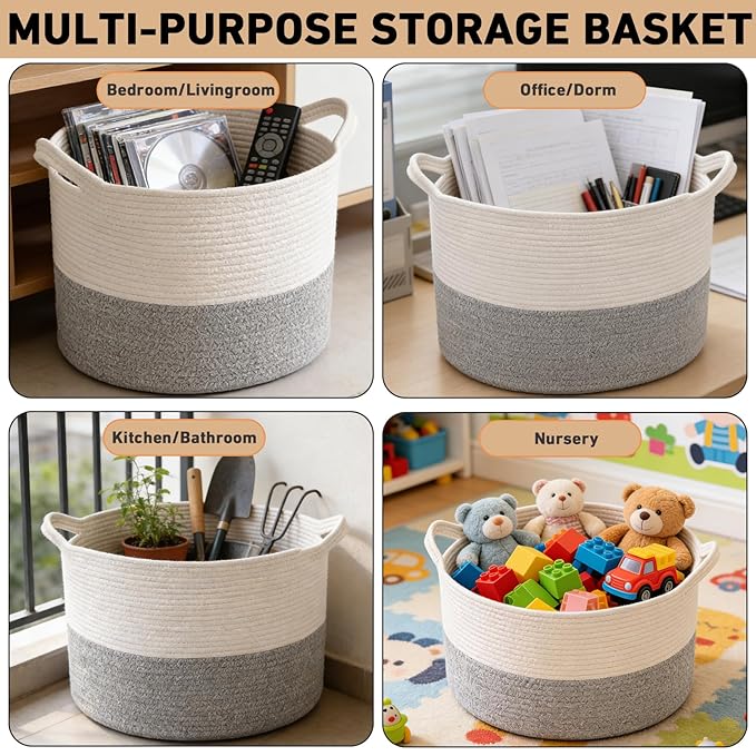 65L Large Woven Cotton Rope Blanket Basket with Handles, Laundry Hamper Storage Bin for Pillows, Comforters,Clothes, Bedroom and Living Room Organization,White&Grey