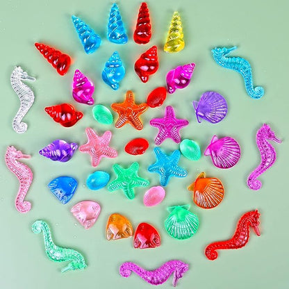 HAPTIME 100 Pcs Sensory Bin Filler, Diving Gem Pool Toys for Kids, Plastic Seashells Under The Sea, Little Mermaid Table Decorations, Sea Shells for Crafting, Vase Filler