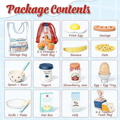 Lehoo Castle Play Food Sets for Kids Kitchen, Wooden Toys Play Kitchen Accessories, Fake Food Pretend Play for Toddlers 3-5, Realistic Food Playset Cutting Fruit Bread Egg Bag, 3 Year Old Girl Gift