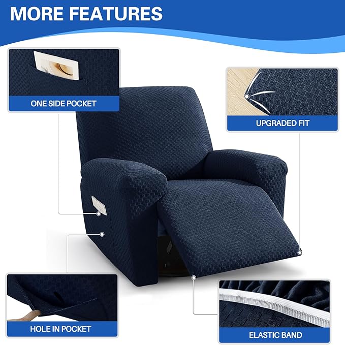 MAXIJIN Recliner Cover Slipcovers for Living Room 4 Pieces Stretch Jacquard Recliner Chair Cover Soft Fitted Recliner Protector with Elastic Bottom for Kids, Pets (Recliner, Navy Blue)