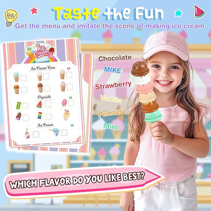 Ice Cream Toy, Wooden Ice Cream Toys for Kids Toddlers, Pretend Play Kitchen Food Toys, Ice Cream Counter Shop Playset for Kids, Kids Ice Cream Cart, Toys for 3 4 5 6 7 8 Year Old Girls Boys