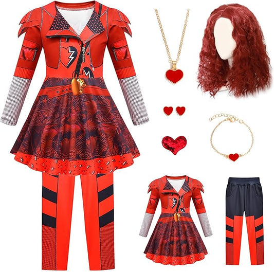 7 Pcs Rise Princess Red Costume for Girls Red Party Dress Outfit Set with Wig
