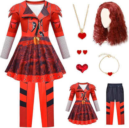7 Pcs Rise Princess Red Costume for Girls Red Party Dress Outfit Set with Wig