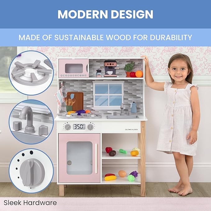 Delta Children Tiny Chef Play Kitchen - Toy Kitchen Playset with Realistic Knobs That Turn/Click, Oven, Sink, Microwave and 15 Pieces of Play Food, Pink