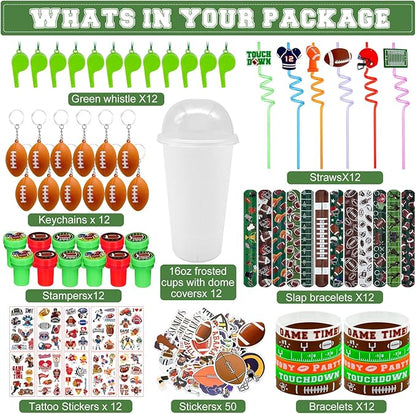 146 Pcs Football Party Favors, Sports Party Supplies with Cup Straw Football Keychain Tattoo Sticker Slap Bracelet Whistle Treat Bag Gifts for Classroom Rewards Football Birthday Party (Football)
