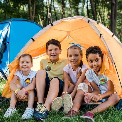 ANGOLIO 84Pcs Spring Camping Party Favors Kit Happy Camper Party Gifts Silicone Bracelets Stickers Keychains Badges for Kids Friends Summer School Camping Adventure Birthday Supplies