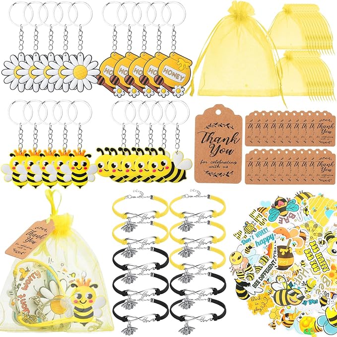 130 Pcs Bee Party Favors Including Bee Keychains Adjustable Bee Bracelets PVC Bee Print Stickers Thank You Kraft Tags Organza Bags for Birthday Summer Party Wedding School Reward
