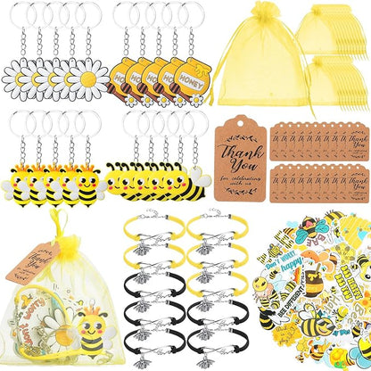 130 Pcs Bee Party Favors Including Bee Keychains Adjustable Bee Bracelets PVC Bee Print Stickers Thank You Kraft Tags Organza Bags for Birthday Summer Party Wedding School Reward