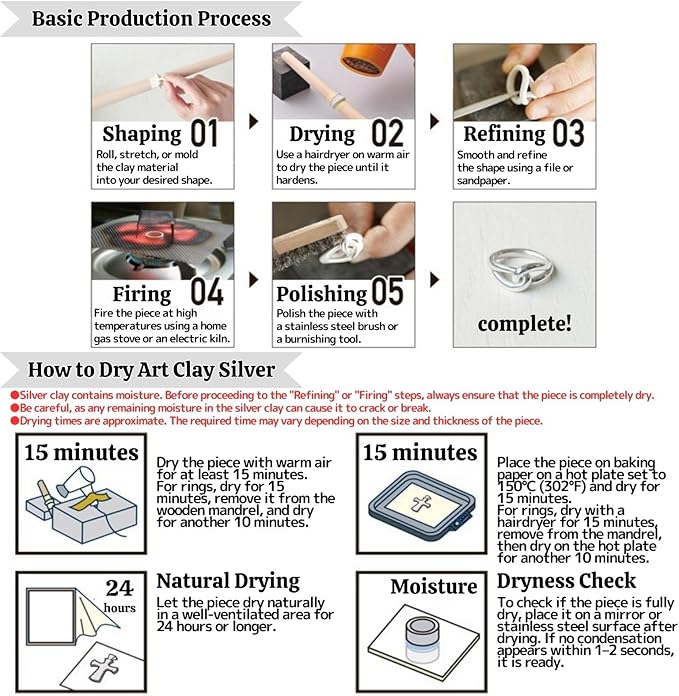 Art Clay Silver 50g, Syringe Type 10g (with 3 Tips) & Set of 3 Polishing Cloths A-0275,A-0281