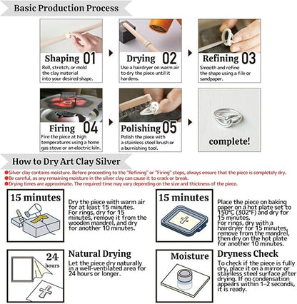 Art Clay Silver 50g, Syringe Type 10g (with 3 Tips) & Set of 3 Polishing Cloths A-0275,A-0281