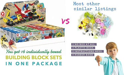 Mini 16 Car Building Blocks Compatible with Lego Party Favors for Kids, Prizes for Kids Classroom, Goodie Bag Fillers