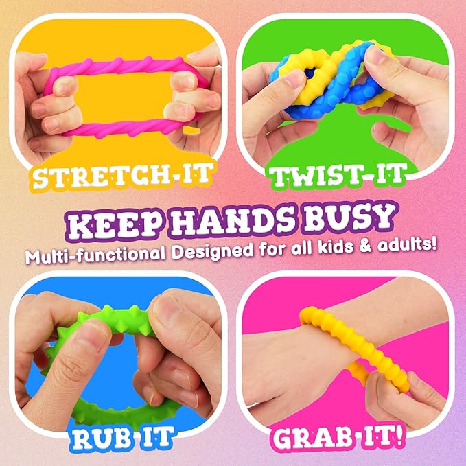 Sensory Fidget Toys Kids Toddlers - 4 Pack Chew Sensory Rubber Bracelet | Calming Autism Quiet Fidgets & Texture Anxiety Silent Toys for Classroom Prizes | Gifts Christmas Stocking Stuffers for Kids