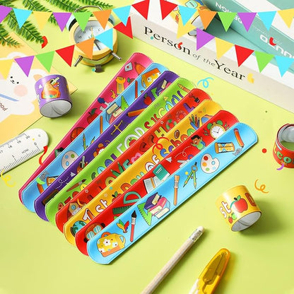 JUNEBRUSHS Back to School Slap Bracelets, 56 Pcs Welcome Back to School Gifts for Kids Students Party Favors Colorful Snap Bracelets Wristbands for First Day of School Party Supplies Decorations