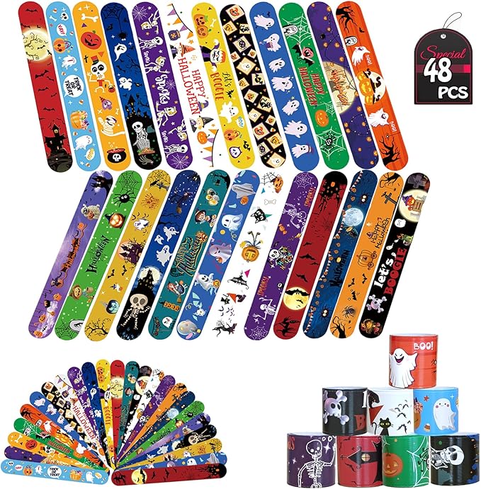 48Pcs Halloween Slap Bracelets for Kids, Trick or Treat Halloween Gifts for Party Favors, Classroom Prizes, Carnival Prizes,Halloween Goodie Bags (Halloween Slap Bracelets)