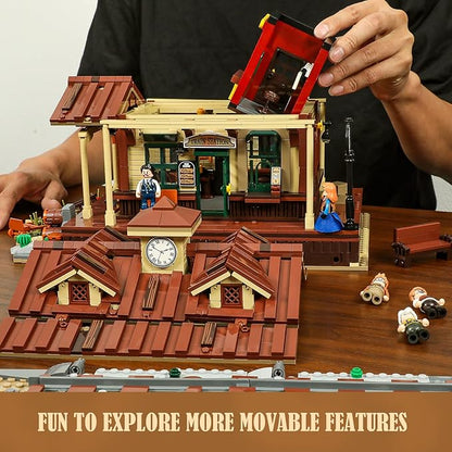 FUNWHOLE Wild West Train Station Lighting Building-Bricks Set - 1975 Pcs Collectible Train Playset for Adults and Teens