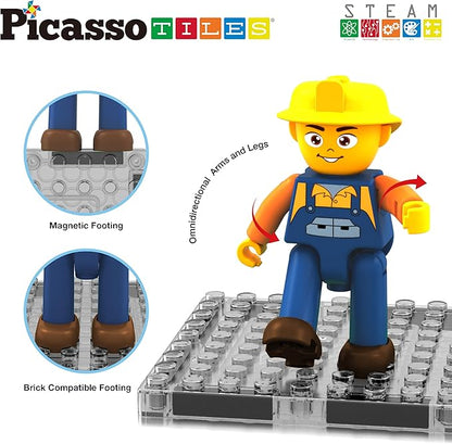PicassoTiles Magnet Tiles Building Block 2-in-1 Excavator & Backhoe Brick Compatible Construction Playset with Car Base Magnetic Character Action Figure STEM Educational Learning Toy Kit Age 3+ PTU04