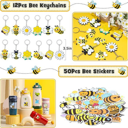 Winrayk 146Pcs Bee Party Favors Birthday Supplies Bee Gift Bag with Cards & Clips Pencil Mini Bubble Wand Honeycomb Silicone Bracelet Keychain Sticker Honey Bee Themed Party Favors Goodie Bag Stuffers