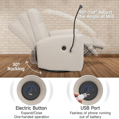 Power Swivel Glider Chair Nursery, Swivel Rocker Recliner with USB Ports, Rocking Chair with Microfiber Leather, Waterproof, Living Room, Nursery - Beige