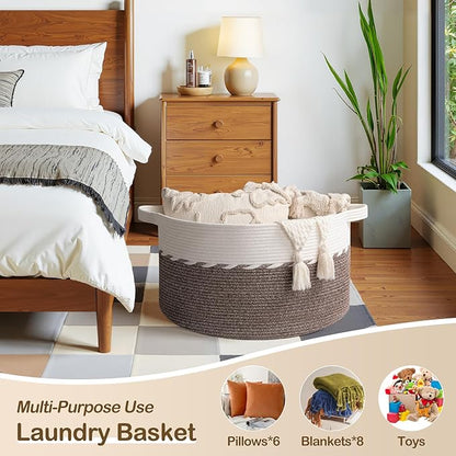 OIAHOMY 105L Blanket Basket for Living Room, Large Basket 23.6" x 23.6" x 14.6" with Handle, Laundry Hamper for Blankets, Pillows, Toy Storage for Kids, Dogs - Brown & White