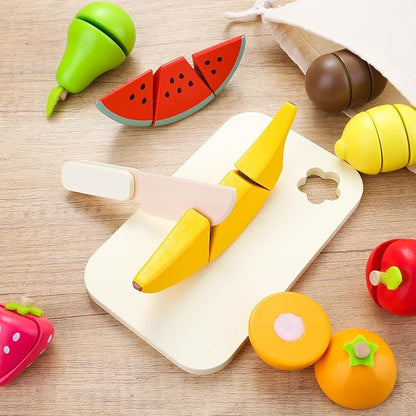 Cutting Fruit Set - Wooden Play Food Kitchen Accessory, Multi - Pretend Play Accessories, Wooden Cutting Fruit Toys for Toddlers and Kids Ages 3+