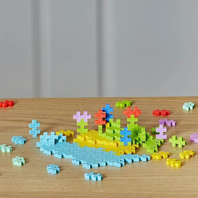 PLUS PLUS 240 Piece Interlocking Building Blocks for Kids, Open Ended Connecting Toys, STEM Bin Mini Manipulatives - Tropical Mix Play Tube & Baseplate