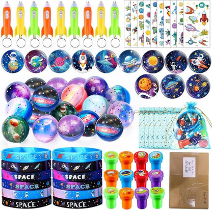 Faccito 84 Pcs Space Party Favors Bouncy Balls Silicone Bracelets Rocket Light Key Chain Stamps Space Party Supplies Galaxy Theme Bag Fillers for Solar System Planet Theme Birthday Classroom Rewards