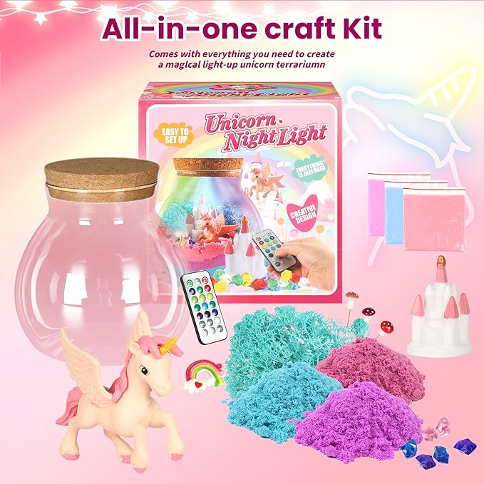 Unicorn Light-Up Terrarium Kit for Kids - LED Night Light Birthday Gift for Girls Ages 5 6 7 8 9 10 11 12 Year Old - Unicorn DIY Arts and Crafts Kit for Kids - Best Christmas Gifts for Girls