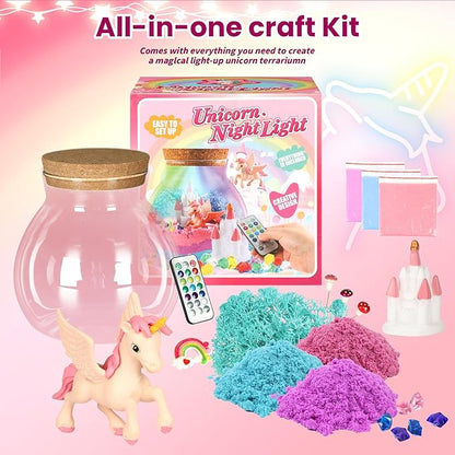 Unicorn Light-Up Terrarium Kit for Kids - LED Night Light Birthday Gift for Girls Ages 5 6 7 8 9 10 11 12 Year Old - Unicorn DIY Arts and Crafts Kit for Kids - Best Christmas Gifts for Girls