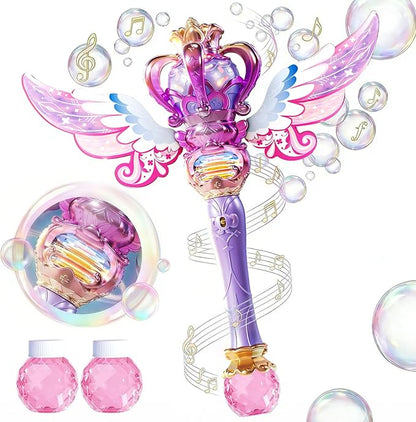 Uregoio Princess Bubble Wands Machine for Kids with Rotating Design, Outdoor Bubble Maker Toys for Kids Ages 4-8, Rechargeable Light & Music Fairy Wands, Party Birthday for 3+ Year Old Girls(Purple)