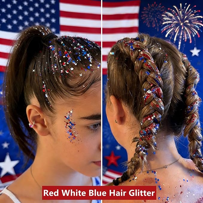 Go Ho Red White and Blue Body Glitter,Patriotic Pride Face Glitter Gel,4th of July Outfits for Women Reflective Glitters Makeup,Holographic Long Lasting Chunky Sequins,Fourth of July USA Accessories