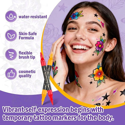 Temporary Tattoo Markers for Skin – Dual-End 16 Colors + 80 Stencils Kit, Skin-Safe Washable Cosmetic-Grade Body Art Pens for Kids & Adults