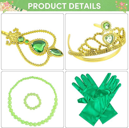 Princess Dress Up Accessories Gold Crown and Wand Set with Girls Jewelry Necklace Gloves Bracelet Princess Costume Accessories Set for Little Girls Party Birthday and Halloween(Green,Set of 5)
