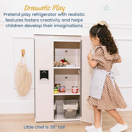 ECR4Kids Play Kitchen Refrigerator, Wooden Playset, White Wash