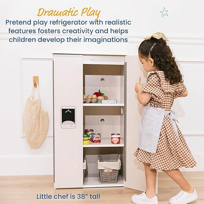 ECR4Kids Play Kitchen Refrigerator, Wooden Playset, White Wash
