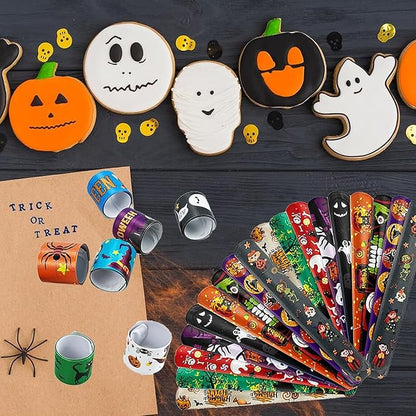 100Pcs Halloween Slap Bracelets, Halloween Party Favors Treat Toys for Kids Girls Boys, Slap Bracelets Bulk for Halloween Party Supplies, Halloween Treat Goodie Bags Gifts
