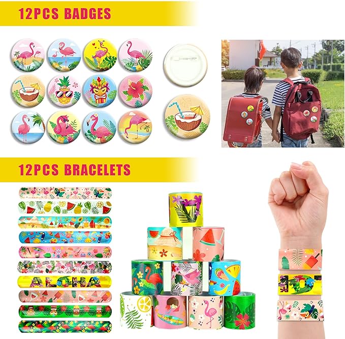 110 PCS Flamingo Party Favors Pink Flamingo Goodie Bags with Keychains, Stickers, Slap Bracelets, and Bags for Flamingo Themed Birthday Party Hawaiian Aloha Party