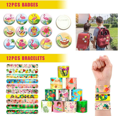 110 PCS Flamingo Party Favors Pink Flamingo Goodie Bags with Keychains, Stickers, Slap Bracelets, and Bags for Flamingo Themed Birthday Party Hawaiian Aloha Party