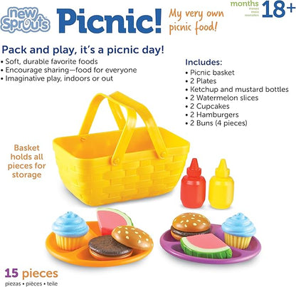 Learning Resources New Sprouts Picnic Set - 15 Pieces, Ages 18+ months, Pretend Play Food for Toddlers, Kitchen Play Toys for Kids