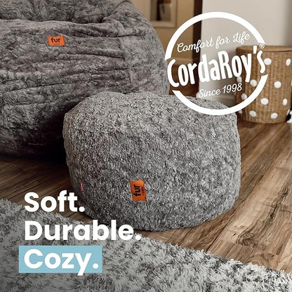 CordaRoy's Faux Fur Bean Bag Pouf Footstool - Washable Fabric Ottoman Cover with Durable Foam Insert - Versatile Footrest for Basement, Living Room, Office - 26" x 17" - White