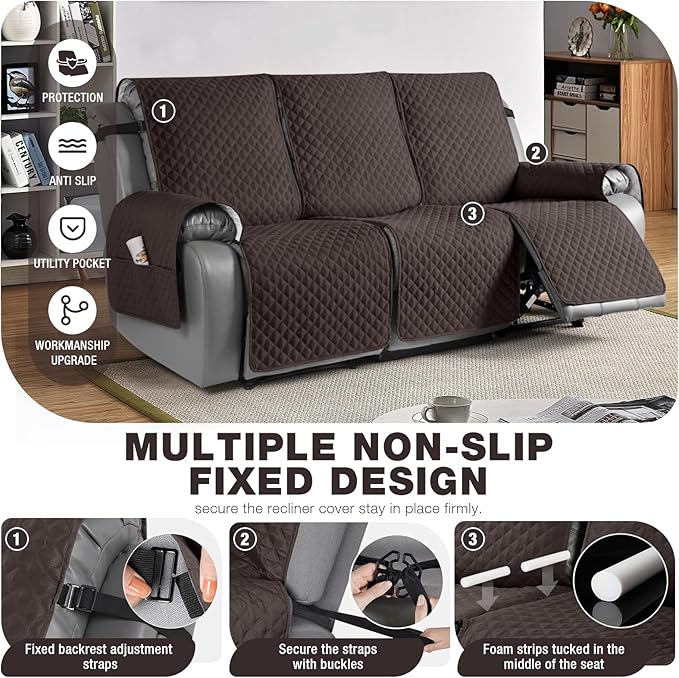 TAOCOCO Recliner Sofa Slipcover Couch Covers for 3 Cushion Couch, Pet Sofa Cover for 3 Seat Recliner Sofa, Washable Reclining Sofa Cover Furniture Protector with Elastic Straps(3 Seater, Chocolate)