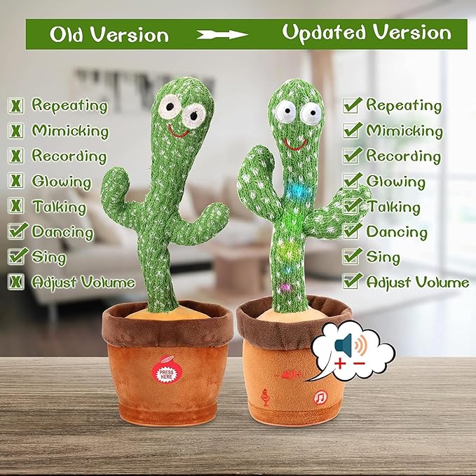 Dancing Talking Cactus Toy for Baby Boys Girls Toys, Adjustable Volume Dancing Cactus Toy Singing Mimicking Recording Repeating What You Say with LED English Sing Talking 15 Second Voice Recorder