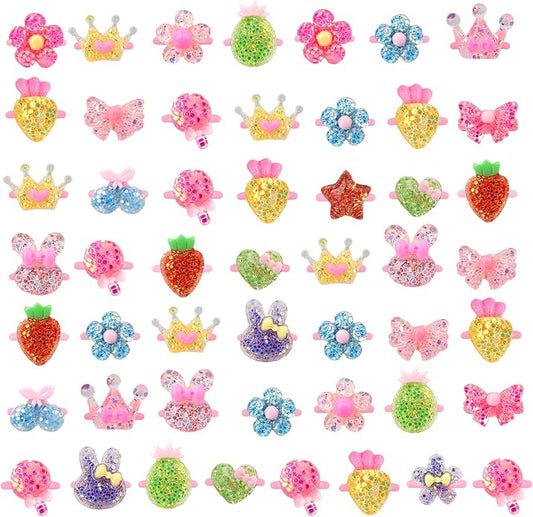 Little Girl Jewel Rings, Adjustable Pink Rings Girls Kids Pretend Play and Dress up Jewelry Set, Cute Rings with Display Case Party Favors Toys Gifts