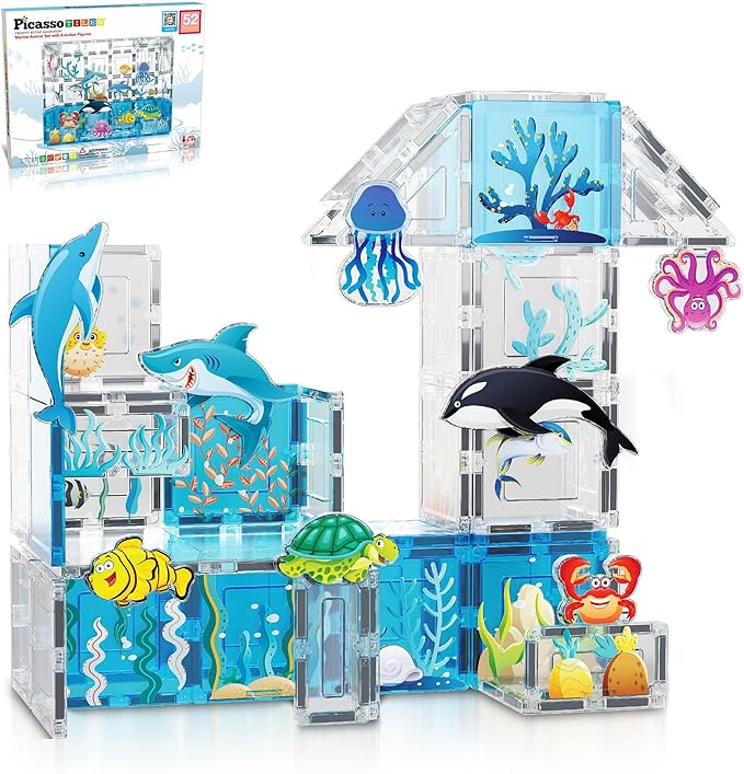 PicassoTiles Magnet Tiles Magnetic Building Blocks Aquarium Marine Animal Theme Set with 8 Character Action Figures Shark Crab Turtle STEM Toys Construction Preschool Toddlers Kids Boys Girls 3+ PTQ15