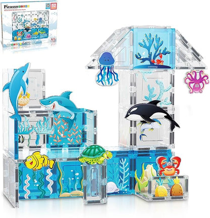 PicassoTiles Magnet Tiles Magnetic Building Blocks Aquarium Marine Animal Theme Set with 8 Character Action Figures Shark Crab Turtle STEM Toys Construction Preschool Toddlers Kids Boys Girls 3+ PTQ15